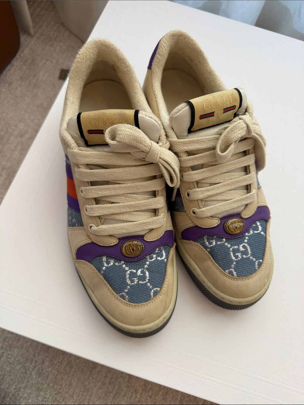 Gucci Beige, Blue & Purple GG Canvas Low-Top Sneakers